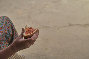 Fototapeta na wymiar Hand holding bread with tomato paste. Woman's hand holding bread with tomato paste. 