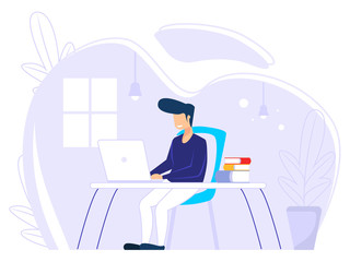 Home office concept, man working from home, student or freelancer. Cute vector illustration in flat style.