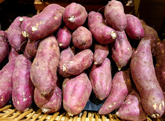 Closeup of Fresh purple cassavas in supermarket for sale at Thailand.