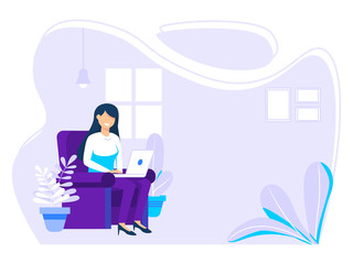 Home office concept, Woman working from home, student or freelancer. Cute vector illustration in flat style.