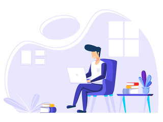 Home office concept, man working from home, student or freelancer. vector illustration in flat style.