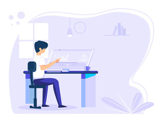 Fototapeta na wymiar Home office concept, man working from home, student or freelancer. vector illustration in flat style.