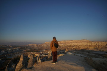 Naklejka premium Panoramic view on sunset at Goreme town of Cappadocia.