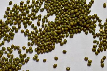 Closeup of Fresh Mung Beans isolated on the white background, Full depth of field.