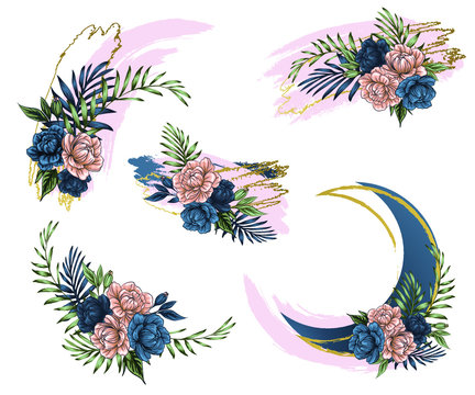 crescent and blot boho flowers, Vintage frame design for social media posts, story and photos, Editable collection backgrounds. vector