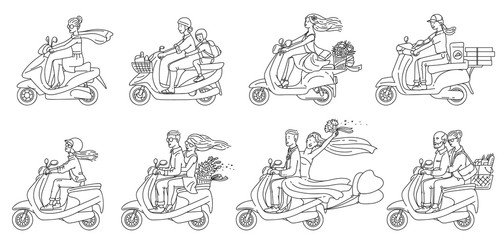 Cartoon people riding scooters - flat colorless set of couples and others