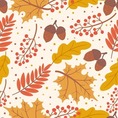 Autumn seamless pattern with leaves, acorns and berries. Beautiful print in bright colors. Vector background for wallpaper, wrapping, textile.