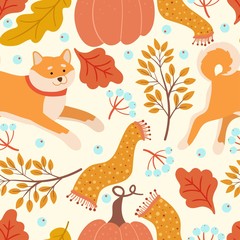 Schattige dieren en herfstbladeren naadloze patroon. Heldere kinderachtige print. Vector achtergrond voor behang, verpakking, textiel.