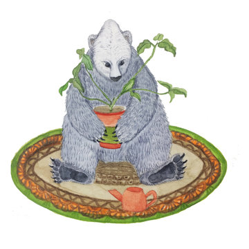 children's watercolor illustration bear sits on a carpet with a flower in a pot for .business card postcard congratulation invitation packaging picture print on clothes