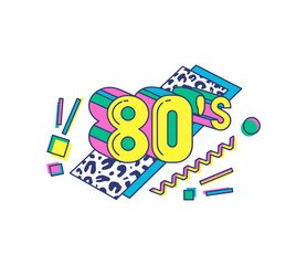 80s banner with elements of Memphis style, sketch vector illustration isolated.