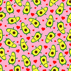 Seamless pattern with avocado and hearts. Vector flat illustration.