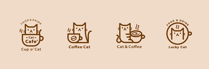 Lovely cat cafe line style logo set