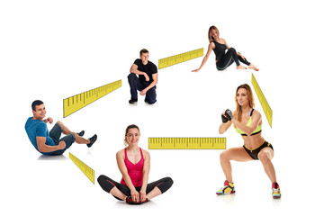 the concept of actions that can be performed together, physical distance during fitness classes. collage