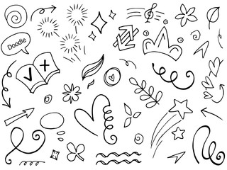 Abstract arrows, ribbons, hearts, stars, crowns and other elements in a hand drawn style for concept designs. Scribble illustration. Vector illustration.