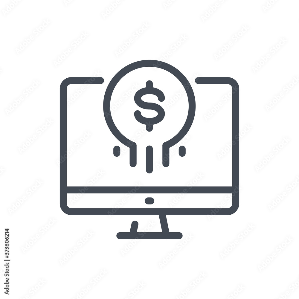 Poster computer with dollar coin line icon. online payment and banking vector outline sign.