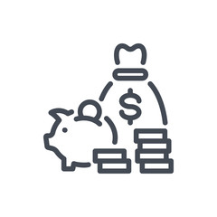 Savings and Investments line icon. Piggy Bank, Stack of Coins and Money Bag vector outline sign.
