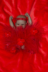 Newborn doll with red flowers on her dress
