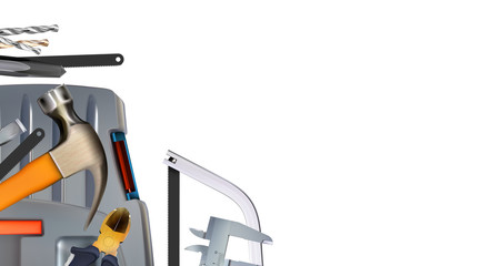 Realistic corner composition on the theme of assembler or locksmith skill. Craft hand metal processing. 3d tools of metalworking isolated on white background. Illustration copy-space.
