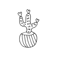 cute drawn drawn cactus in a pot isolated on white background. Single hand drawn cactus in pot., black outline isolated on white background.Cute element for card, social media,networks,T-shirts,flower