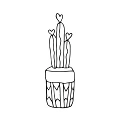 sign cute drawn single cactus.Homemade cactus in a pot isolated on white.Sketch Drawing Doodle Icon Cactus In Pot.illustration house plant for wedding design,logo,greeting card or seasonal design. 