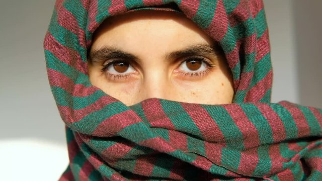 Beautiful Middle Eastern Woman Eyes Close Up. Portrait Of Arabic Female.