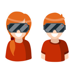 Young boy and girl in VR glasses. Virtual reality. Modern computer games and technologies. Set of Flat cartoon illustration. Woman, man and entertainment
