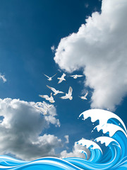 Seagulls flying over high ocean waves set against a cloudy blue sky