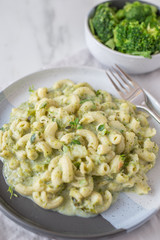 healthy home made Vegan fusilli pasta salad with broccoli