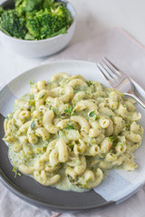 healthy home made Vegan fusilli pasta salad with broccoli