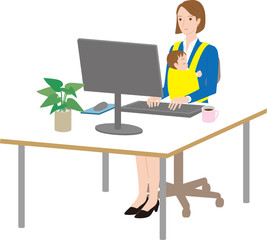 赤ちゃんを子連れ出勤で働く母親。ワークライフバランス