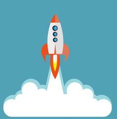 Vector Space Rocket on blue background with copy space