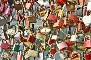 love locks at the Salzburg Bridge Autria..A lot of Padlocks or keys heart shape for wallpaper.