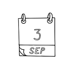 calendar hand drawn in doodle style. September 3. day, date. icon, sticker, element, design. planning, business holiday