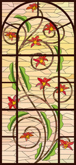 Stained glass vertical. Bending branches and flowers. Glass printing
