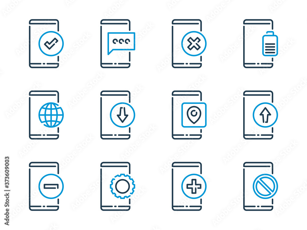 Poster mobile phone basic functions related vector line icons. smartphone services outline icon set.