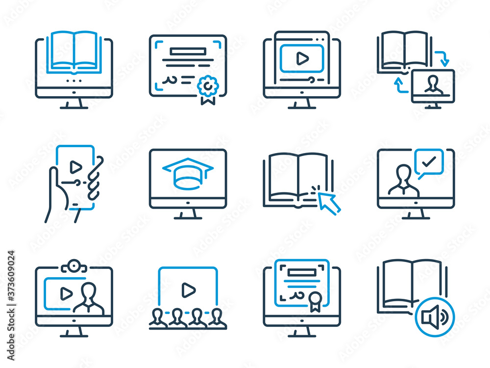 Poster online education related vector line icons. e-learning and remote learning outline icon set.