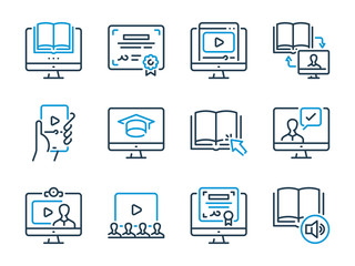 Online Education related vector line icons. E-learning and Remote Learning outline icon set.