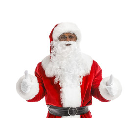 African-American Santa Claus showing thumb-up on white background