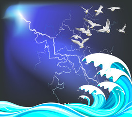 Seagulls flying over high ocean waves set against a thunderstorm sky
