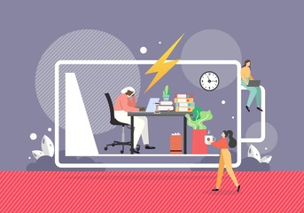 Naklejka premium Woman giving cup of coffee to tired girl with low energy working on computer in office, flat vector illustration