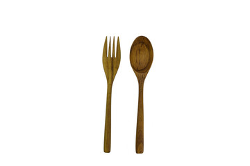 Wooden Teak Spoon and Fork isolated on white background top viwe