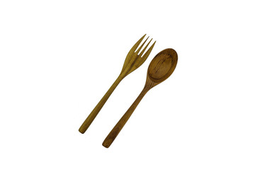 Wooden Teak Spoon and Fork isolated on white background