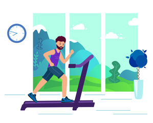 An adult Man on a treadmill doing sports in the background of the window. Sports room, fitness room. The concept of a healthy lifestyle. Bright Vector illustration in modern flat style.