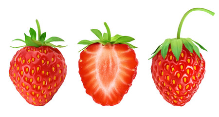 Strawberry and half isolated on white background. Fresh berry with full depth of field. Set or collection
