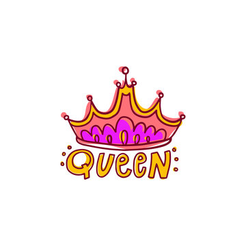 Queen crown decorative element or icon with inscription, vector illustration.