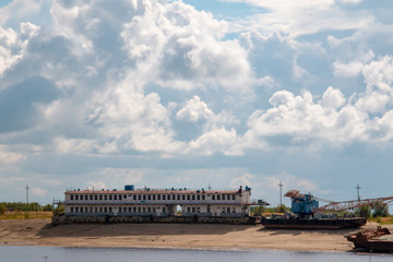 A huge landing stage on the banks of the Irtysh River waiting for big water.