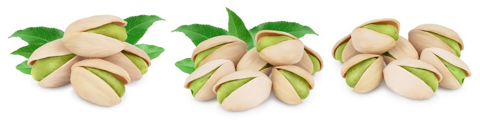 pistachio with leaves isolated on white background with clipping path and full depth of field. Set r collection