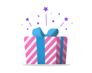Gift surprize box vector icon with confetti received isolated flat cartoon illustration, present reward pink color happy pack with bow clipart