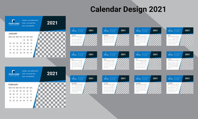 Fototapeta na wymiar Desk calendar design 2021 template Set of 12 Months, Week starts Monday, Stationery design, calendar planner