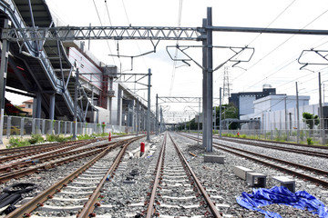 Trains running on the train tracks to the station in Thailand. Select focus with shallow depth of field.